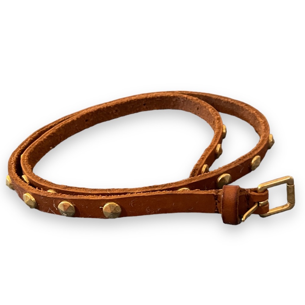 J. Crew Brown Leather Gold Studded Skinny Belt sz Small NWOT